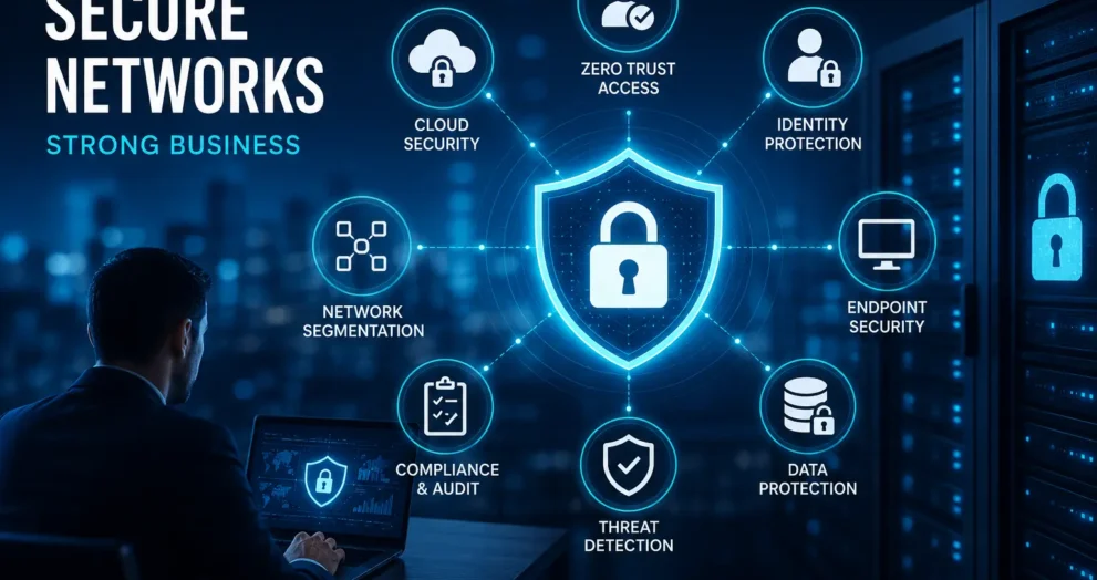 A professional illustrating IT business solutions for network security, featuring Zero Trust, cloud security, AI threat detection, endpoint protection, and data security in a digital business environment.