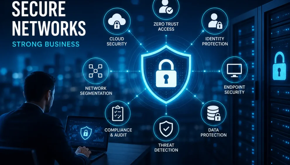 A professional illustrating IT business solutions for network security, featuring Zero Trust, cloud security, AI threat detection, endpoint protection, and data security in a digital business environment.