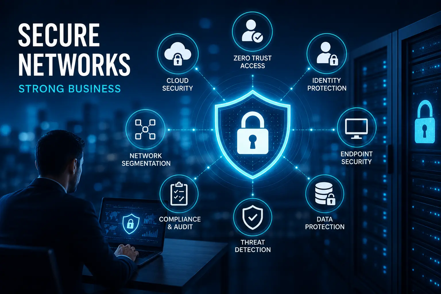 A professional illustrating IT business solutions for network security, featuring Zero Trust, cloud security, AI threat detection, endpoint protection, and data security in a digital business environment.