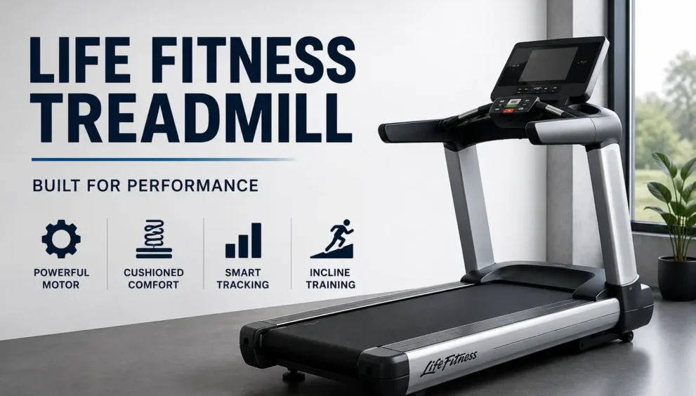 Life Fitness Treadmill featuring a durable running deck, advanced workout tracking, incline training, and cushioned support for comfortable indoor cardio workouts.