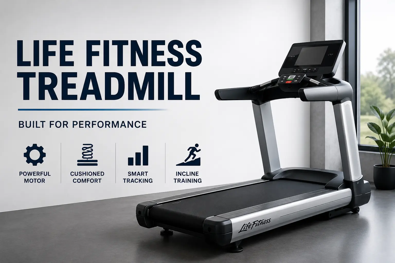 Life Fitness Treadmill featuring a durable running deck, advanced workout tracking, incline training, and cushioned support for comfortable indoor cardio workouts.