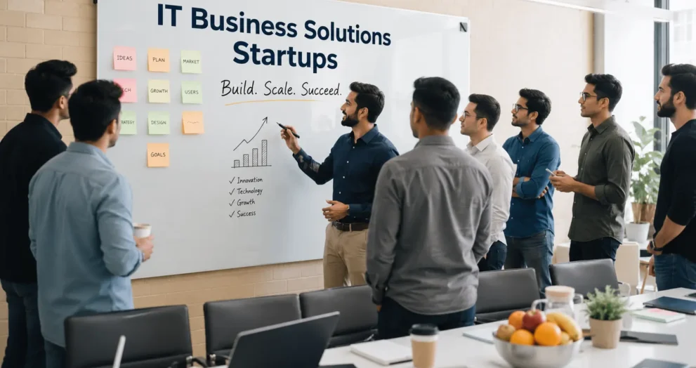 IT Business Solutions for Startups team discussing business growth strategy