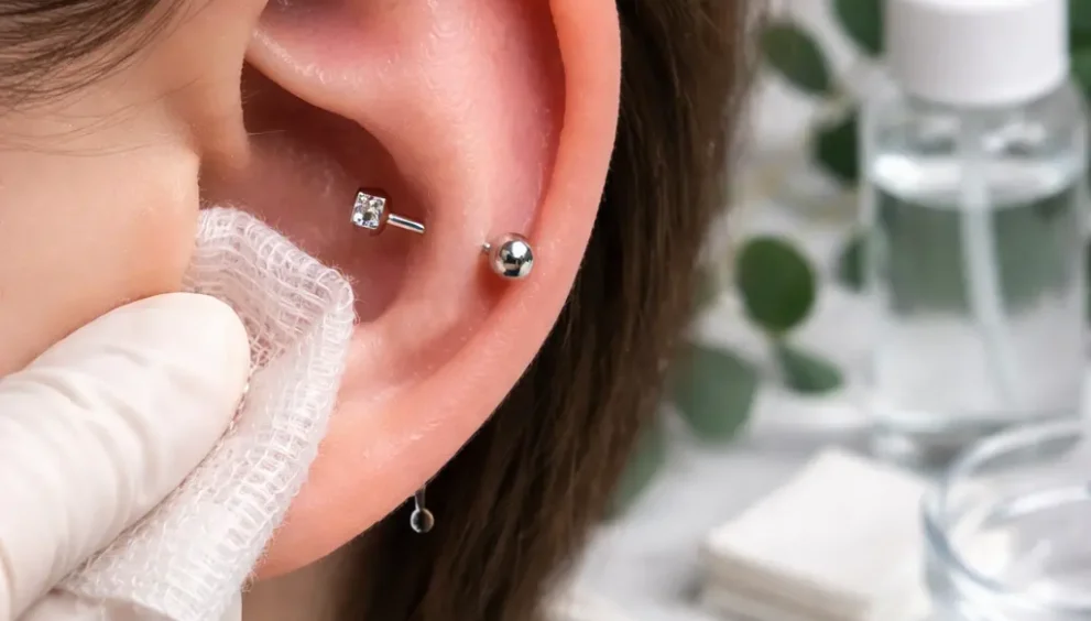 Cleaning a fresh conch piercing with sterile saline and gauze to reduce irritation and support safe healing at home