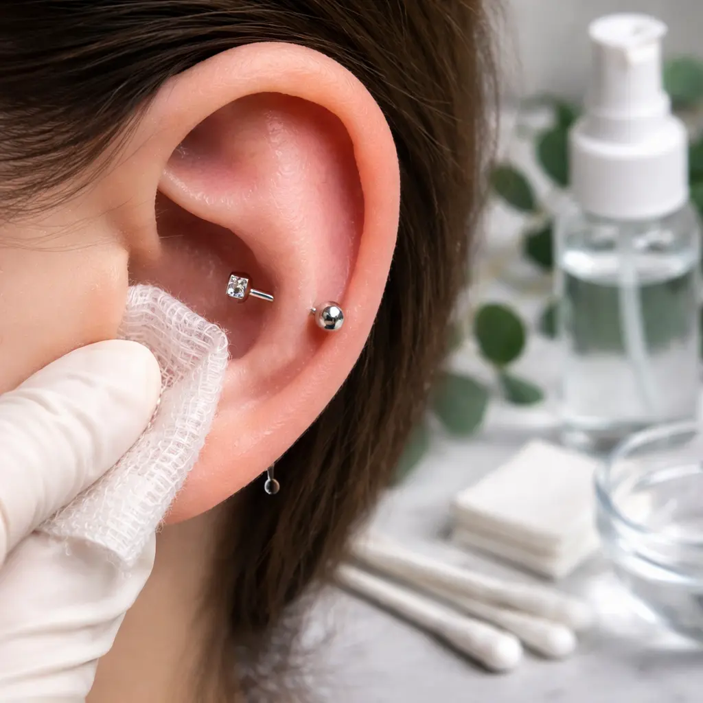 Cleaning a fresh conch piercing with sterile saline and gauze to reduce irritation and support safe healing at home