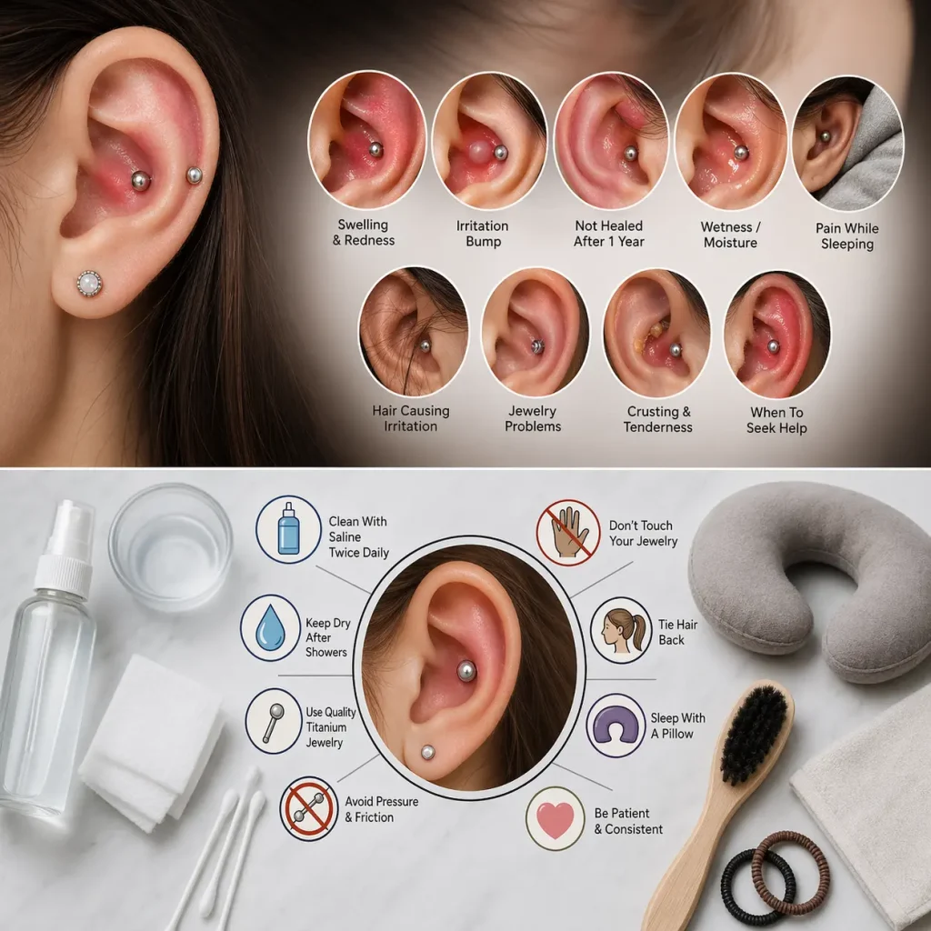 Common conch piercing problems and how to fix them infographic showing ear cartilage piercing issues like swelling, bump, redness, moisture, pain while sleeping, jewelry irritation, and healing aftercare tools.