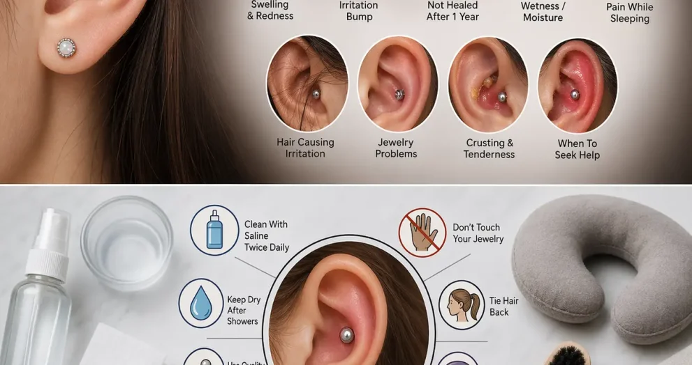 Common conch piercing problems and how to fix them infographic showing ear cartilage piercing issues like swelling, bump, redness, moisture, pain while sleeping, jewelry irritation, and healing aftercare tools.
