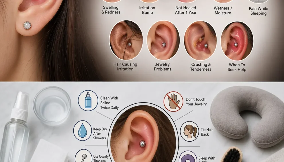 Common conch piercing problems and how to fix them infographic showing ear cartilage piercing issues like swelling, bump, redness, moisture, pain while sleeping, jewelry irritation, and healing aftercare tools.