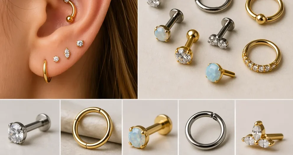 Close-up of an ear with conch piercing jewelry and a collection of studs, hoops, and rings made from gold and titanium body jewelry for cartilage piercings.