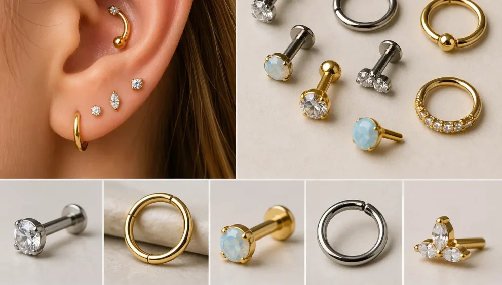 Close-up of an ear with conch piercing jewelry and a collection of studs, hoops, and rings made from gold and titanium body jewelry for cartilage piercings.