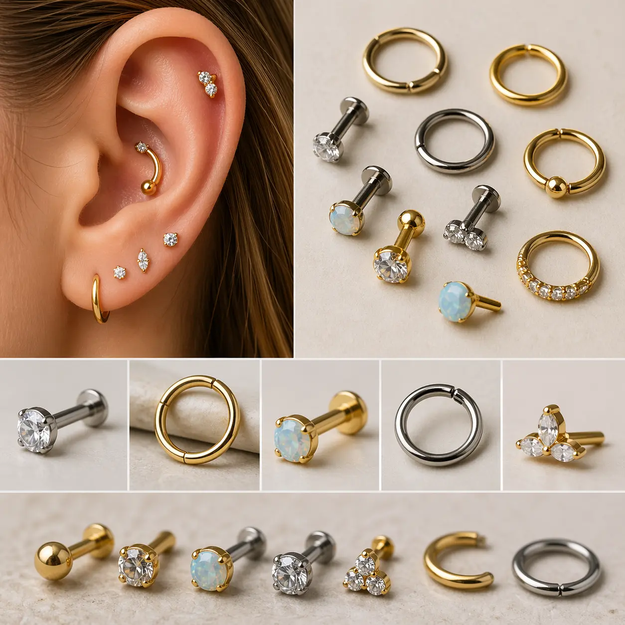 Close-up of an ear with conch piercing jewelry and a collection of studs, hoops, and rings made from gold and titanium body jewelry for cartilage piercings.