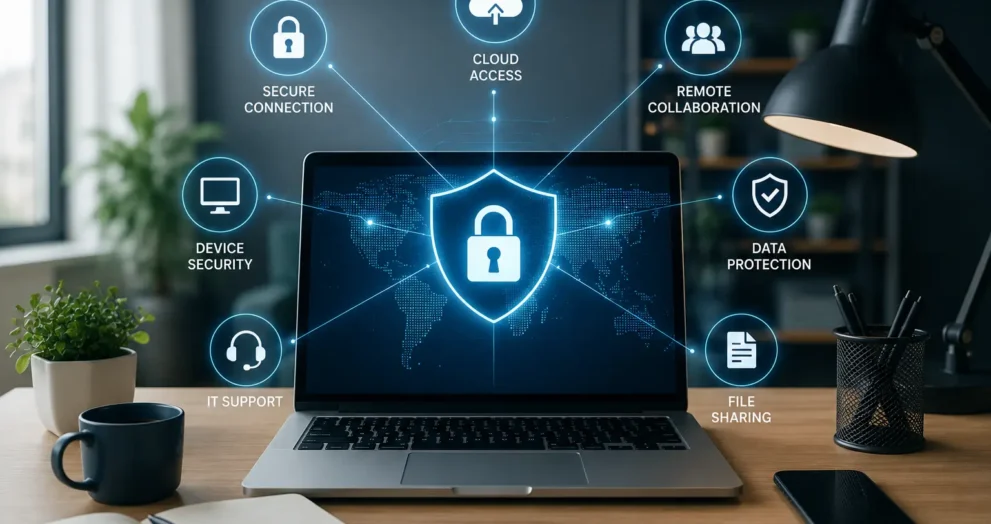 IT business solutions for secure remote work with cloud collaboration and cybersecurity protection