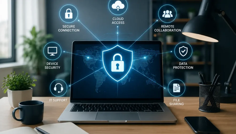 IT business solutions for secure remote work with cloud collaboration and cybersecurity protection