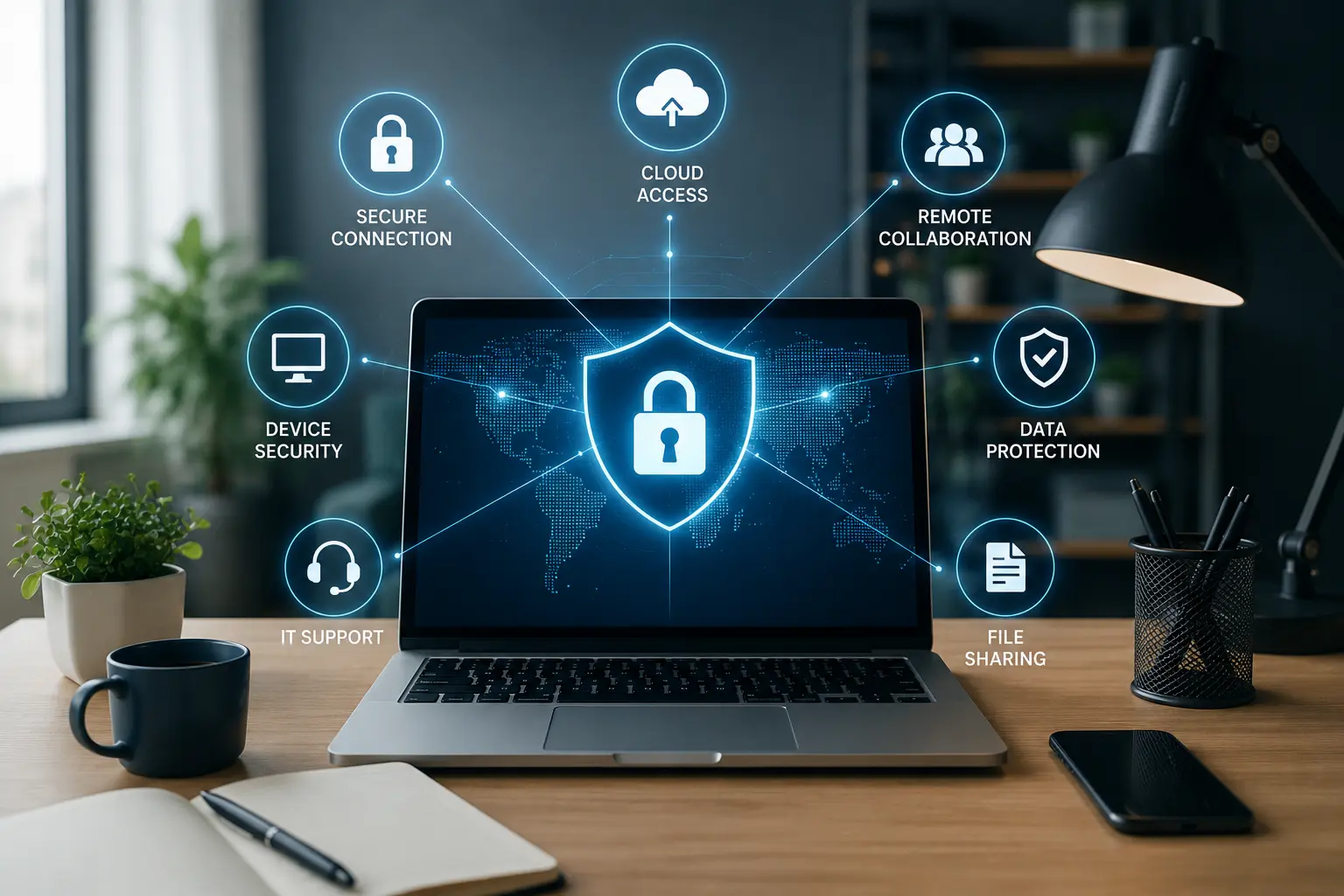 IT business solutions for secure remote work with cloud collaboration and cybersecurity protection