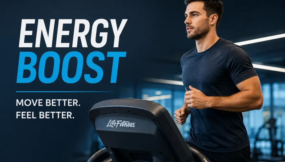 Man running on a Life Fitness treadmill with Energy Boost text, illustrating how treadmill workouts improve daily energy, stamina, and overall fitness for all ages.