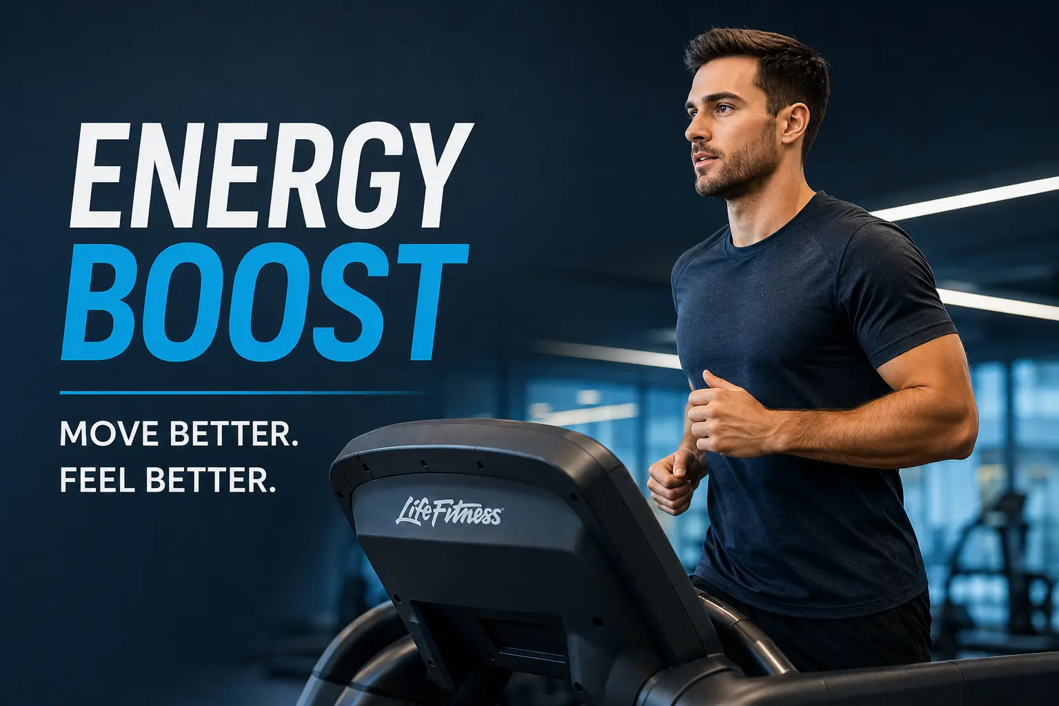Man running on a Life Fitness treadmill with Energy Boost text, illustrating how treadmill workouts improve daily energy, stamina, and overall fitness for all ages.