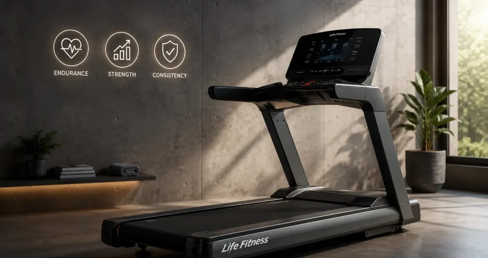 Modern Life Fitness treadmill in a stylish home gym featuring a durable running deck, advanced console, and minimalist fitness environment designed for comfortable indoor workouts.