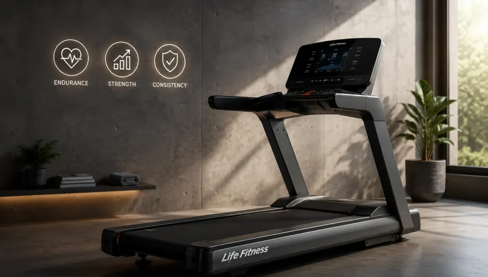 Modern Life Fitness treadmill in a stylish home gym featuring a durable running deck, advanced console, and minimalist fitness environment designed for comfortable indoor workouts.