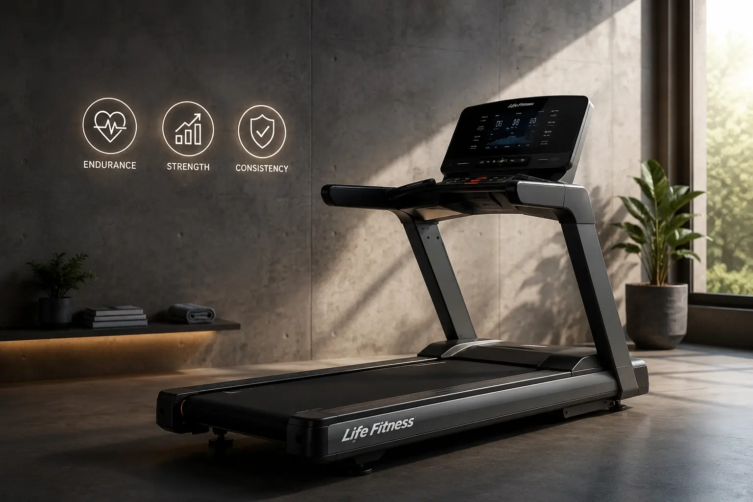 Modern Life Fitness treadmill in a stylish home gym featuring a durable running deck, advanced console, and minimalist fitness environment designed for comfortable indoor workouts.