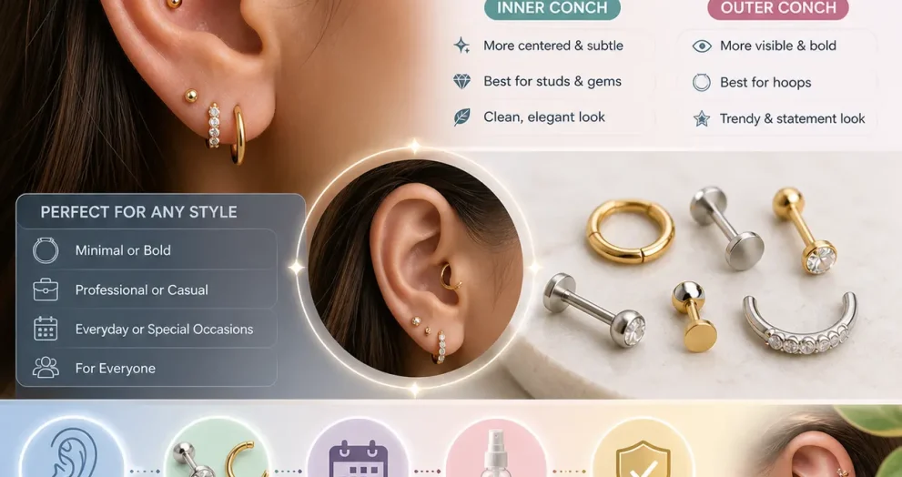 Elegant close-up visual of conch piercing styles showing inner and outer conch placement, premium jewelry options, healing care concept, and stylish curated ear inspiration.