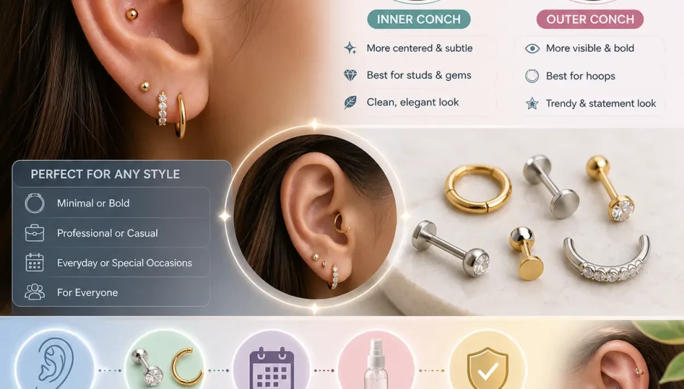 Elegant close-up visual of conch piercing styles showing inner and outer conch placement, premium jewelry options, healing care concept, and stylish curated ear inspiration.
