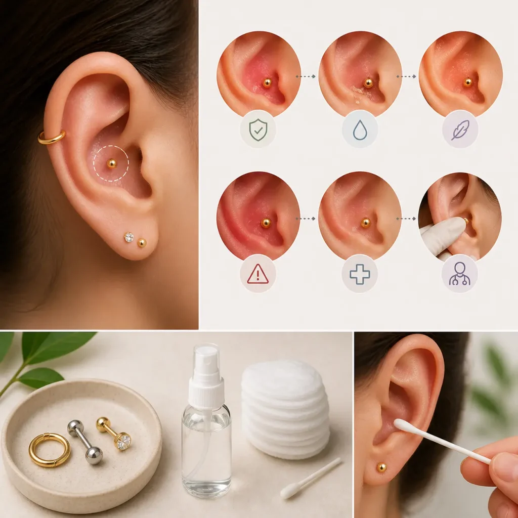 Close-up of an ear with a gold inner conch piercing, alongside step-by-step visuals showing healing stages, cleaning care, and piercing tools like jewelry, cotton pads, and solution.