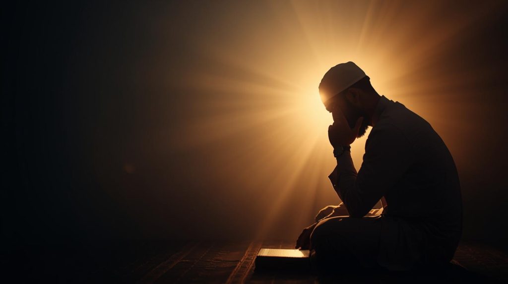 Muslim finding clarity and guidance through Istikhara with Quran and soft light