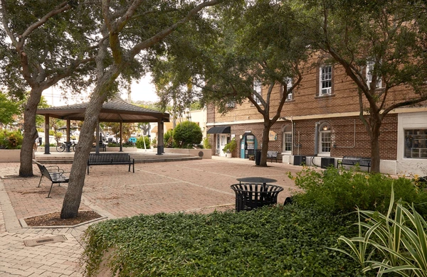 Historic Cocoa Village with brick-lined streets, colorful storefronts, and local shops in Cocoa Beach, Florida.