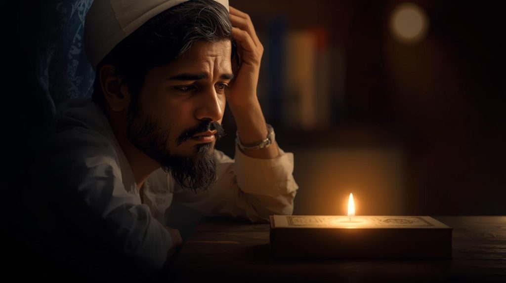 Muslim reflecting on Istikhara with Qur’an nearby, seeking clarity and guidance