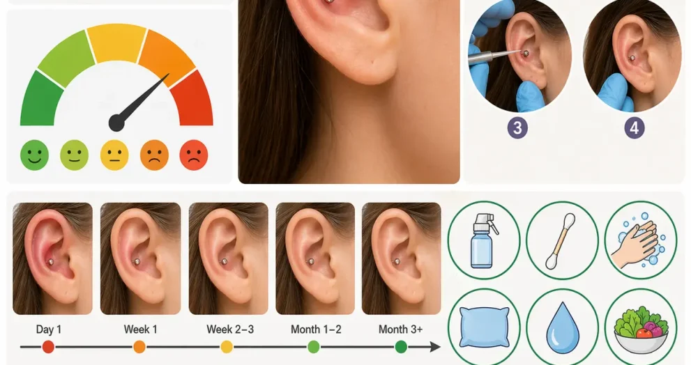 Conch ear piercing process and healing stages showing cartilage piercing placement, pain level concept, aftercare steps, and common mistakes to avoid during recovery