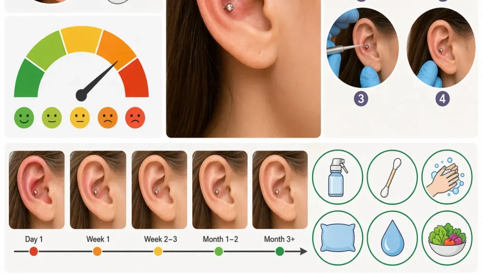 Conch ear piercing process and healing stages showing cartilage piercing placement, pain level concept, aftercare steps, and common mistakes to avoid during recovery