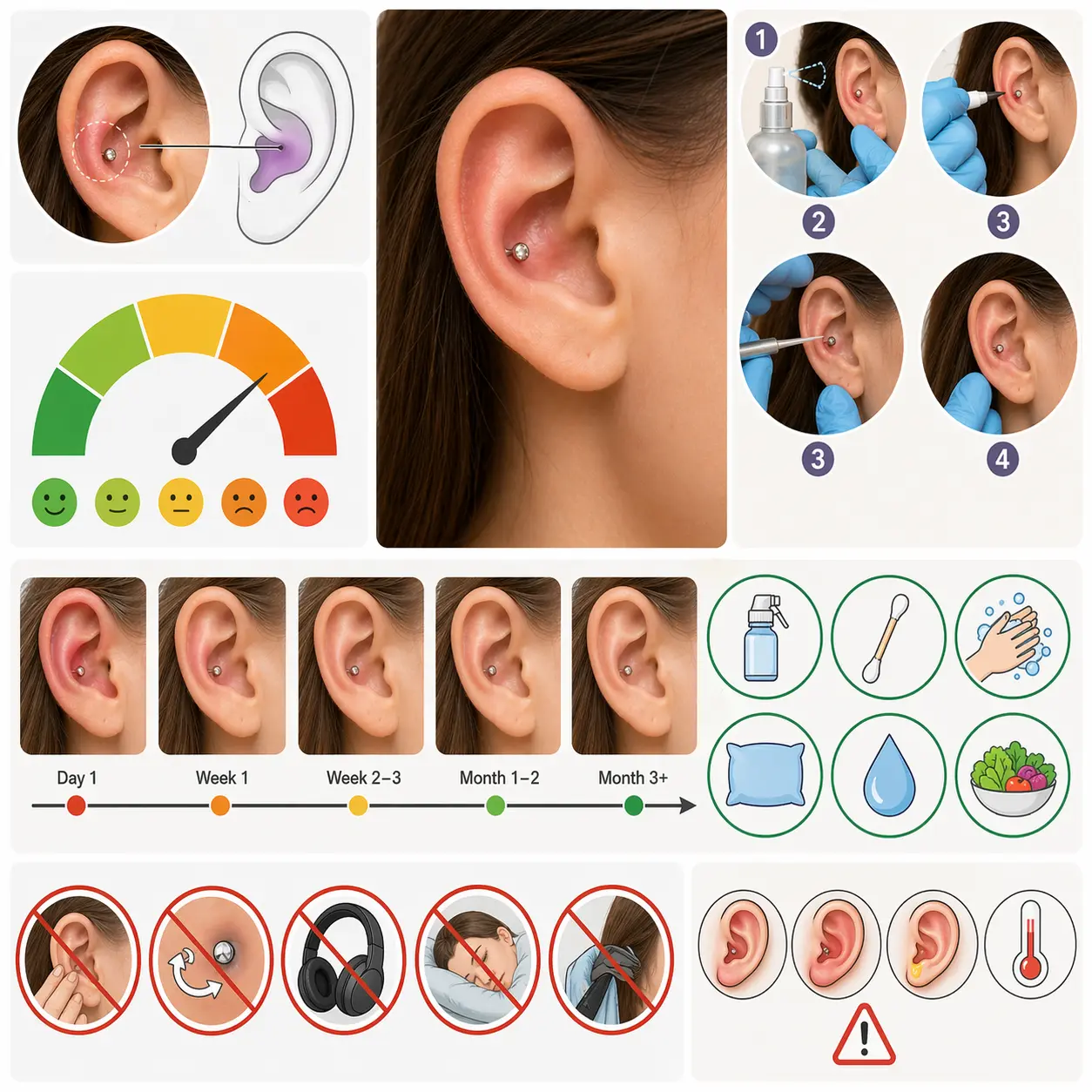 Conch ear piercing process and healing stages showing cartilage piercing placement, pain level concept, aftercare steps, and common mistakes to avoid during recovery