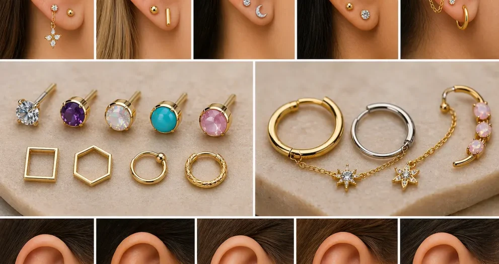 Stylish conch piercing jewelry ideas to try in 2026 featuring minimalist studs, hoops, gemstone pieces, and modern layered ear styling trends