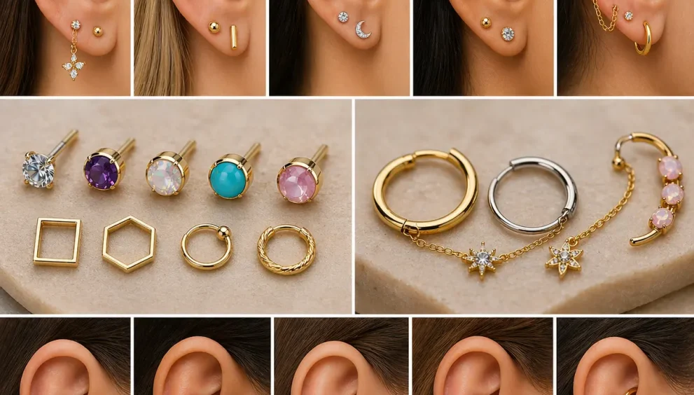 Stylish conch piercing jewelry ideas to try in 2026 featuring minimalist studs, hoops, gemstone pieces, and modern layered ear styling trends