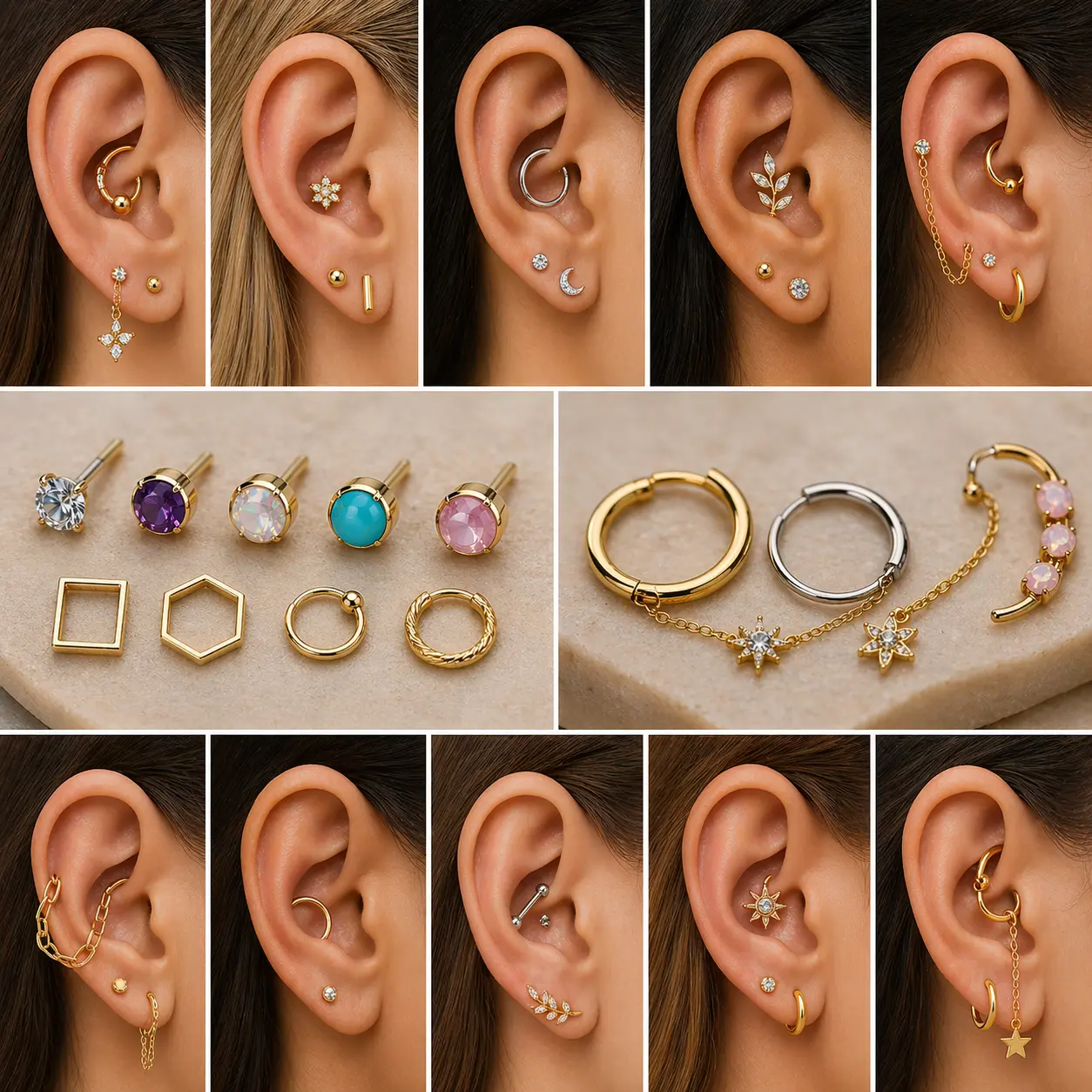 Stylish conch piercing jewelry ideas to try in 2026 featuring minimalist studs, hoops, gemstone pieces, and modern layered ear styling trends