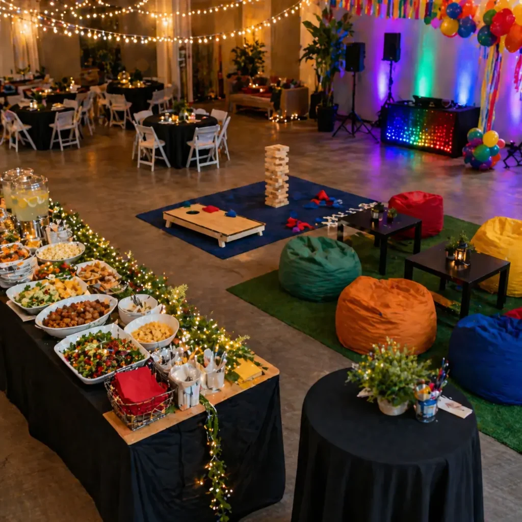Holiday Party Ideas for Large Groups with organized food station, game zones, seating areas, festive lights, and spacious indoor celebration setup for smooth guest interaction