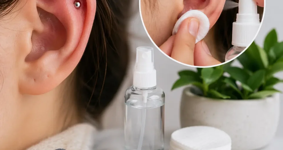 Conch piercing aftercare showing a close-up ear being gently cleaned with saline solution and cotton pad, highlighting proper hygiene, healing care, and safe maintenance practices for faster recovery