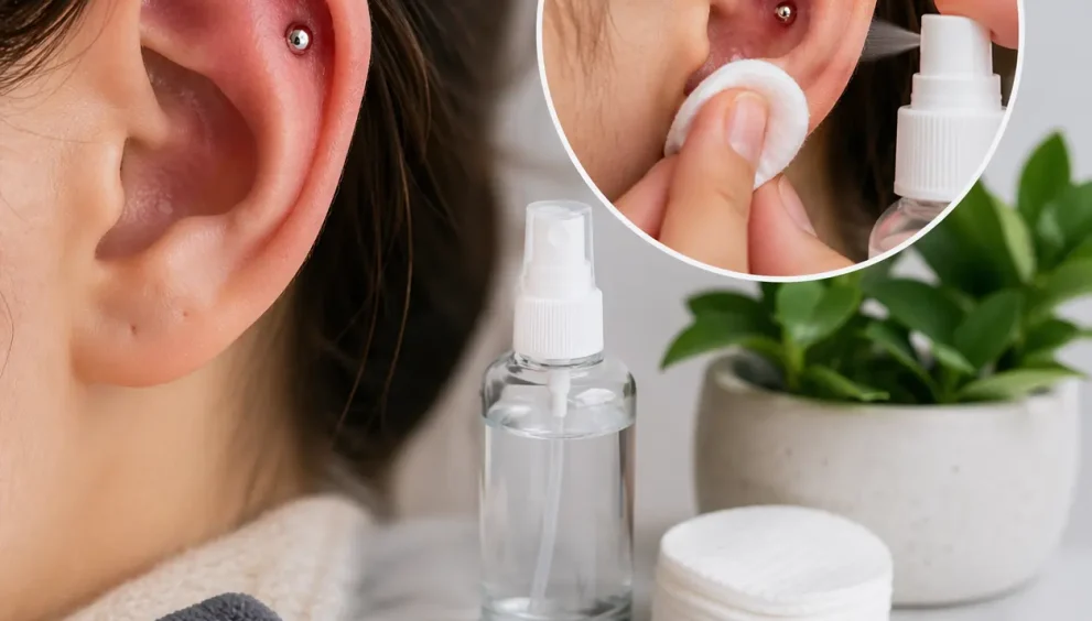 Conch piercing aftercare showing a close-up ear being gently cleaned with saline solution and cotton pad, highlighting proper hygiene, healing care, and safe maintenance practices for faster recovery