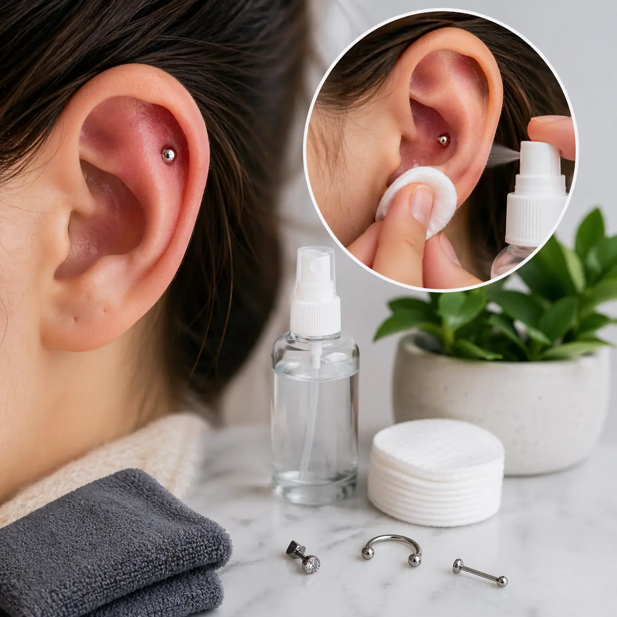Conch piercing aftercare showing a close-up ear being gently cleaned with saline solution and cotton pad, highlighting proper hygiene, healing care, and safe maintenance practices for faster recovery
