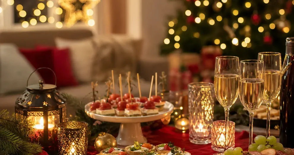Holiday Party Ideas featured in a cozy indoor celebration with festive decorations, warm lighting, delicious snacks, drinks, and welcoming gathering atmosphere