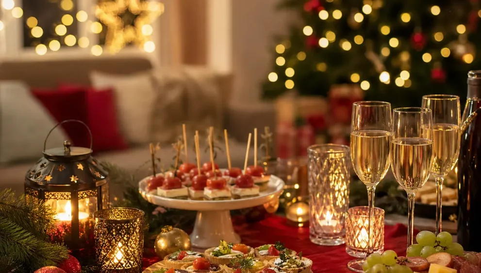 Holiday Party Ideas featured in a cozy indoor celebration with festive decorations, warm lighting, delicious snacks, drinks, and welcoming gathering atmosphere