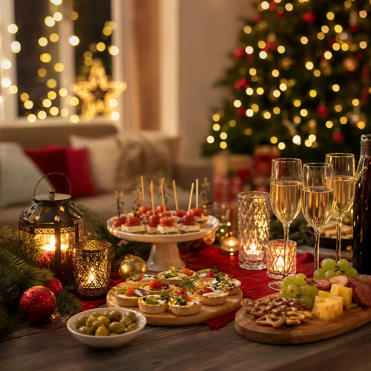 Holiday Party Ideas featured in a cozy indoor celebration with festive decorations, warm lighting, delicious snacks, drinks, and welcoming gathering atmosphere