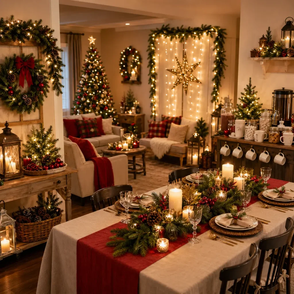 Elegant Holiday Party Decoration Ideas with warm ambient lighting, festive dining table centerpiece, greenery garlands, candles, cozy guest seating, and a beautifully styled indoor seasonal celebration setup.