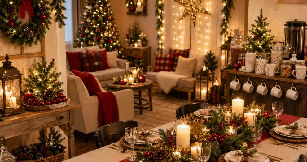 Elegant Holiday Party Decoration Ideas with warm ambient lighting, festive dining table centerpiece, greenery garlands, candles, cozy guest seating, and a beautifully styled indoor seasonal celebration setup.