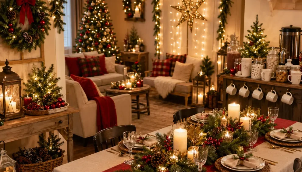 Elegant Holiday Party Decoration Ideas with warm ambient lighting, festive dining table centerpiece, greenery garlands, candles, cozy guest seating, and a beautifully styled indoor seasonal celebration setup.