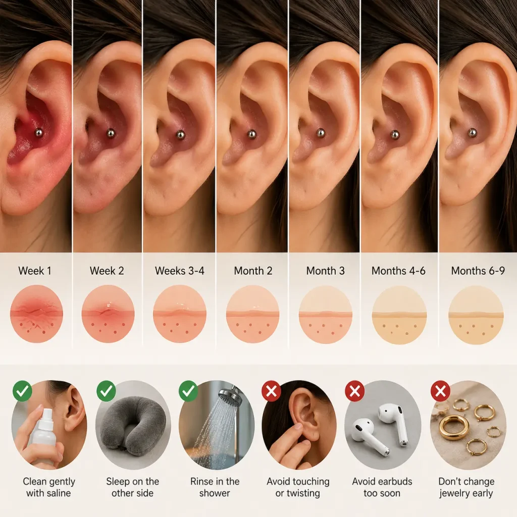Conch piercing healing time week by week showing cartilage ear recovery stages from early swelling and redness to stable long-term healing with proper aftercare