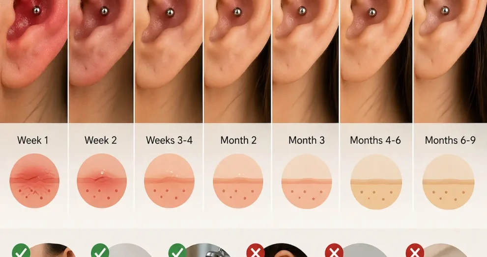 Conch piercing healing time week by week showing cartilage ear recovery stages from early swelling and redness to stable long-term healing with proper aftercare