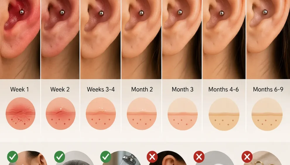 Conch piercing healing time week by week showing cartilage ear recovery stages from early swelling and redness to stable long-term healing with proper aftercare