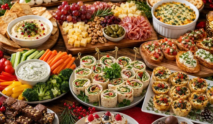 Festive holiday party food table with assorted finger foods, dips, cheese board, fresh vegetables, wraps, and sweet desserts arranged for a holiday gathering.