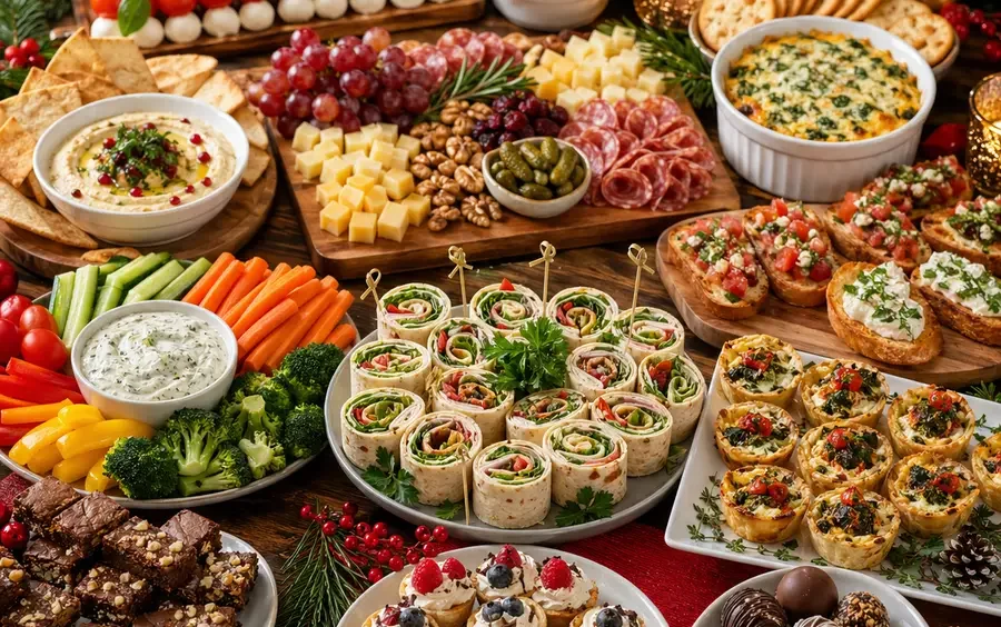 Festive holiday party food table with assorted finger foods, dips, cheese board, fresh vegetables, wraps, and sweet desserts arranged for a holiday gathering.