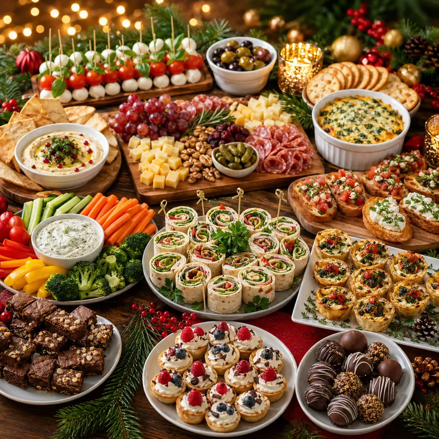 Festive holiday party food table with assorted finger foods, dips, cheese board, fresh vegetables, wraps, and sweet desserts arranged for a holiday gathering.